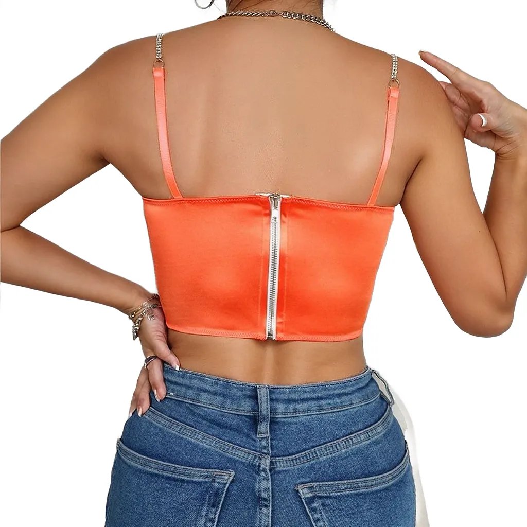 Pleated Low-Neck Rhinestone Corset Top XD21