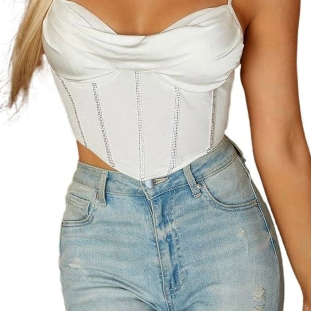 Pleated Low-Neck Rhinestone Corset Top XD21
