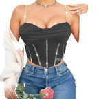 Pleated Low-Neck Rhinestone Corset Top XD21