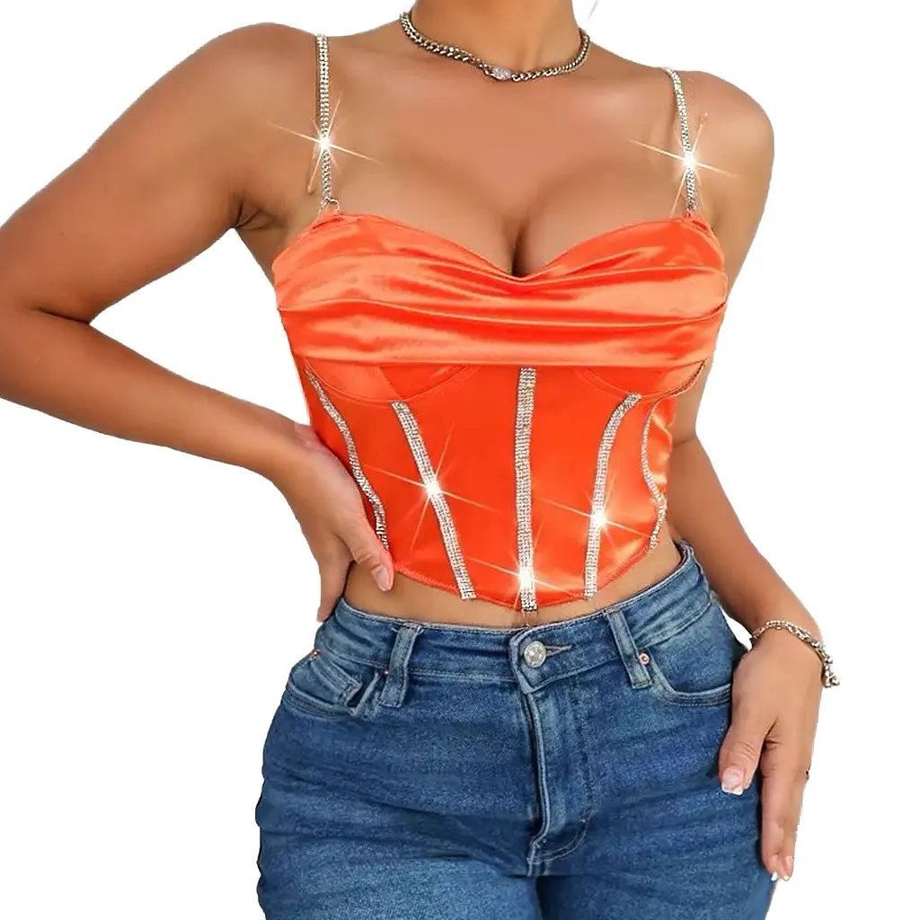 Pleated Low-Neck Rhinestone Corset Top XD21