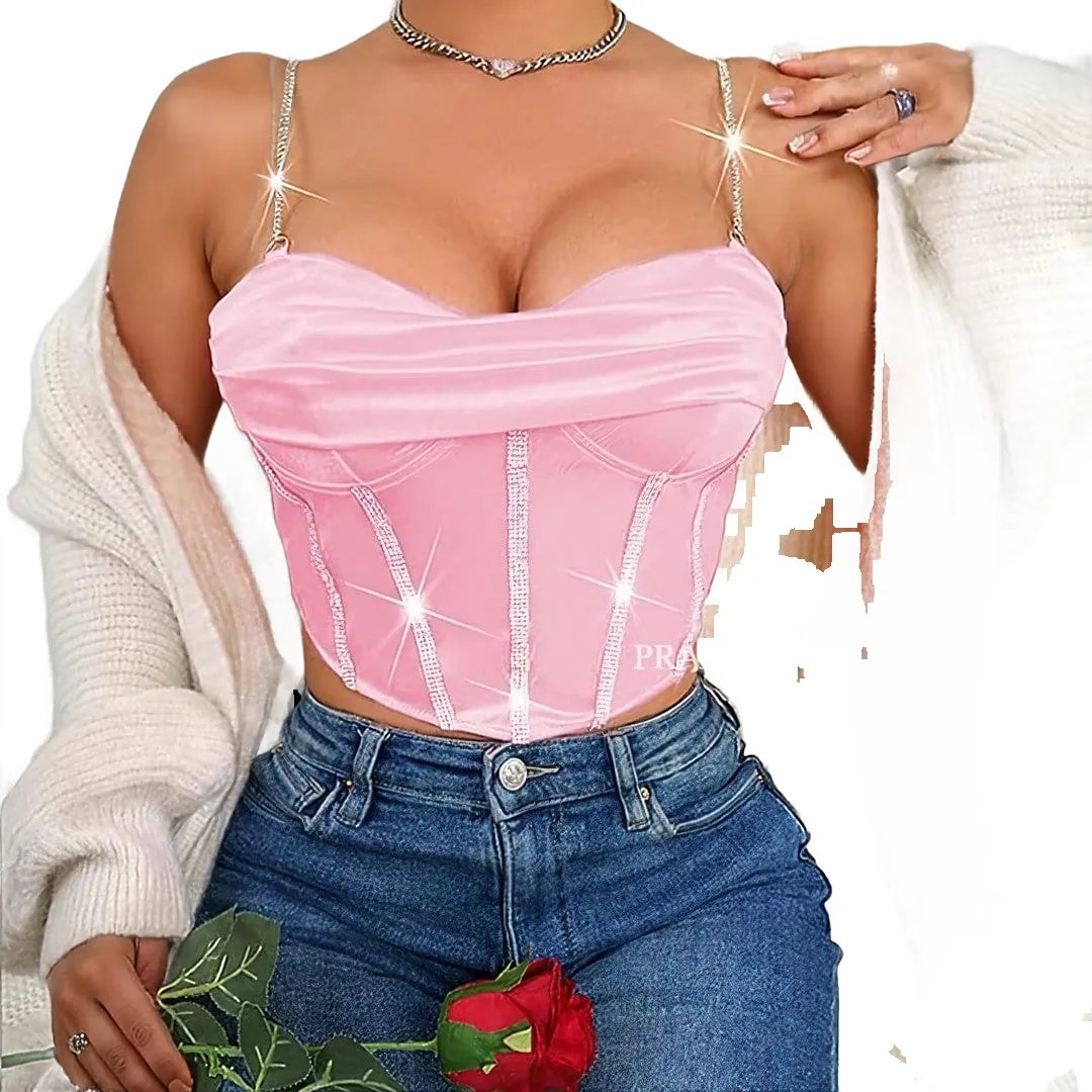 Pleated Low-Neck Rhinestone Corset Top XD21