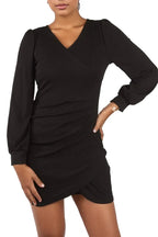 Pleated Puff Long Sleeve Mini Dress XD21