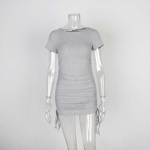 Pleated Ribbed Knitted Drawstring Mini Dress XD21