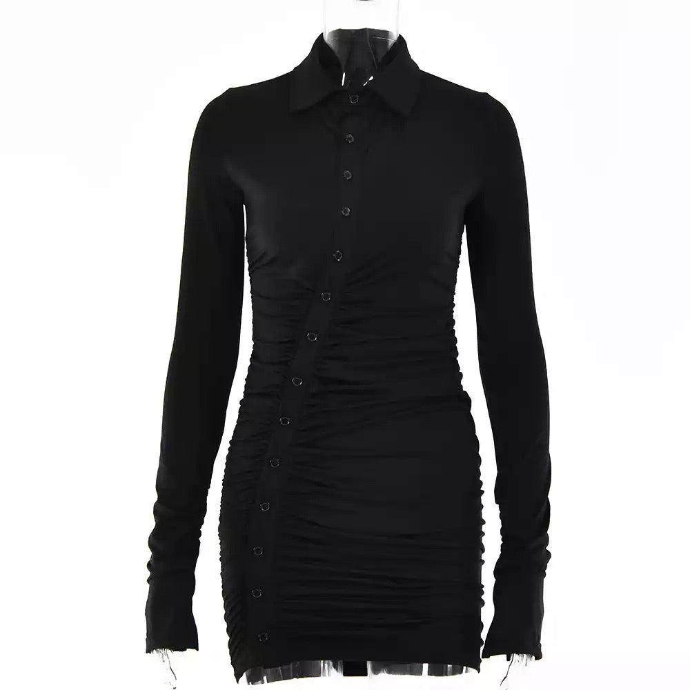 Pleated Slim Turn-Down Collar Shirt Dress