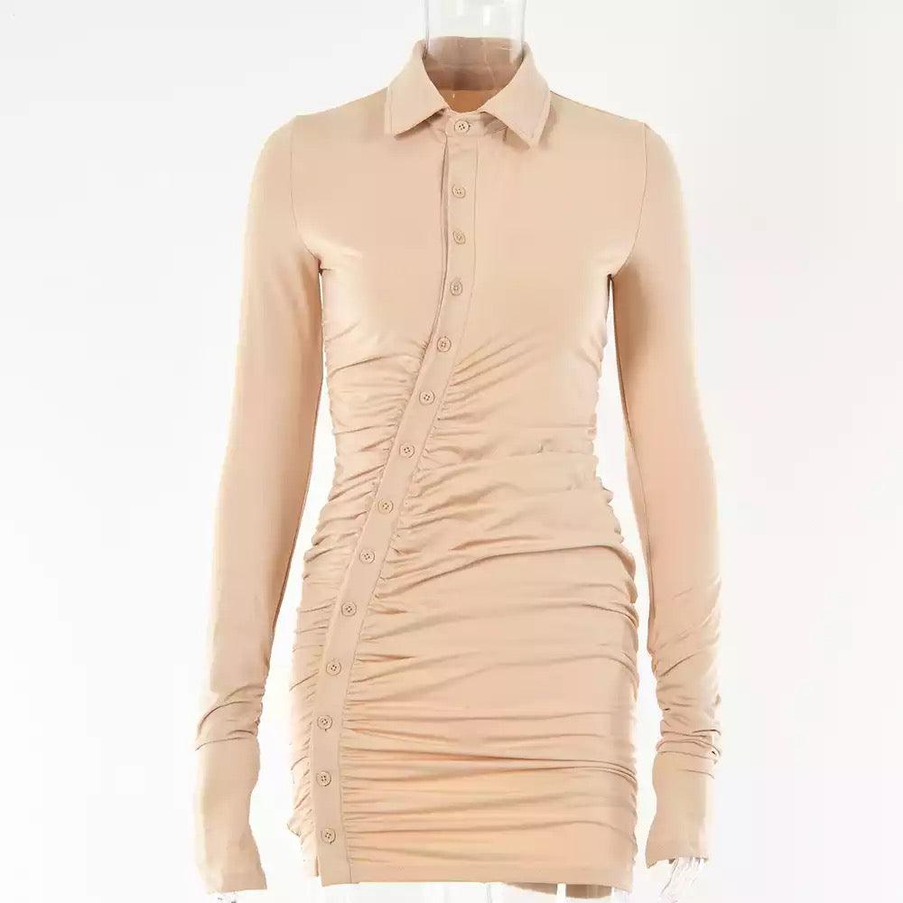 Pleated Slim Turn-Down Collar Shirt Dress