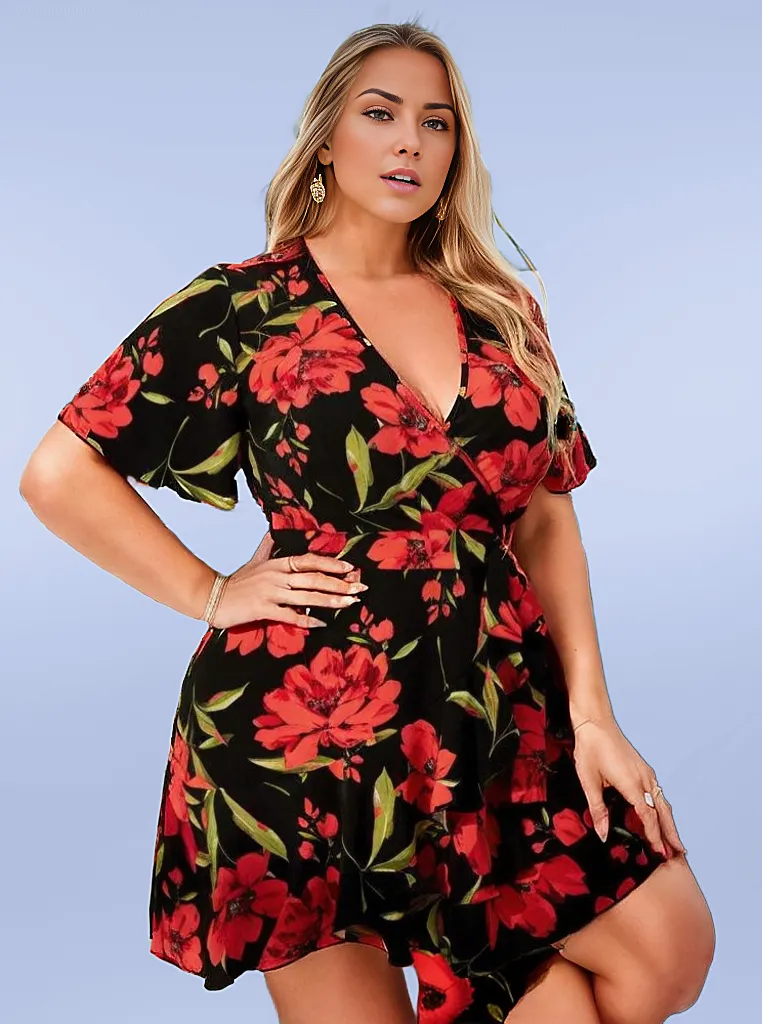 Plus Allover Floral Print Ruffle Hem Belted Dress XD21