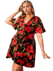 Plus Allover Floral Print Ruffle Hem Belted Dress XD21