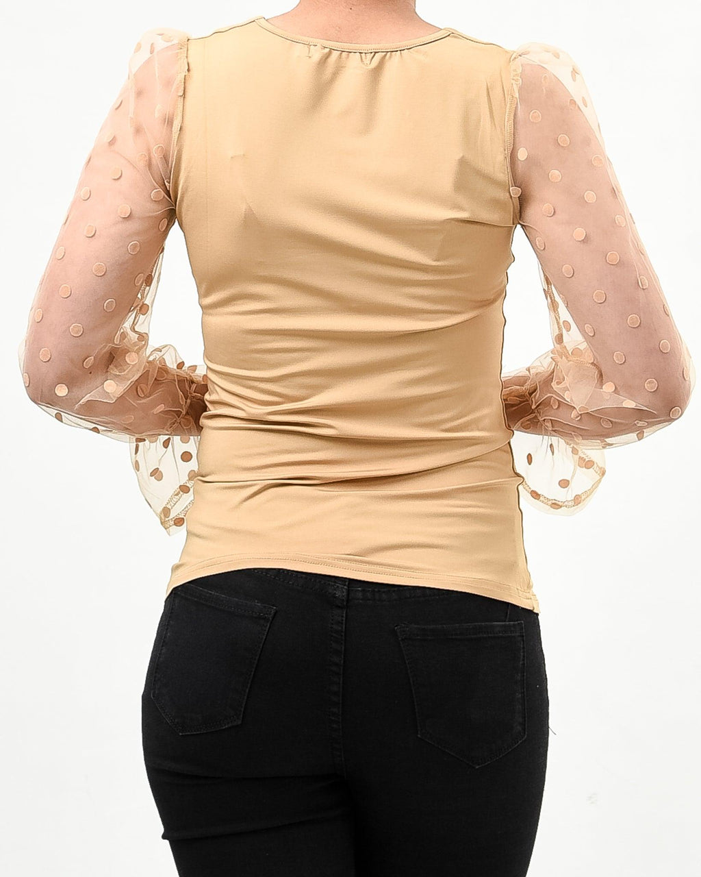 Polka dot mesh sleeve v cut top - XD21
