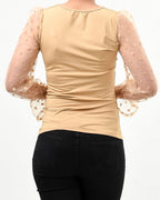 Polka dot mesh sleeve v cut top - XD21