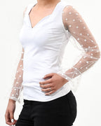 Polka dot mesh sleeve v cut top - XD21