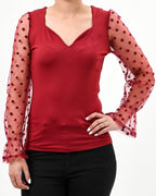 Polka dot mesh sleeve v cut top - XD21