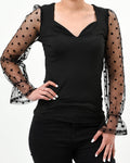 Polka dot mesh sleeve v cut top - XD21