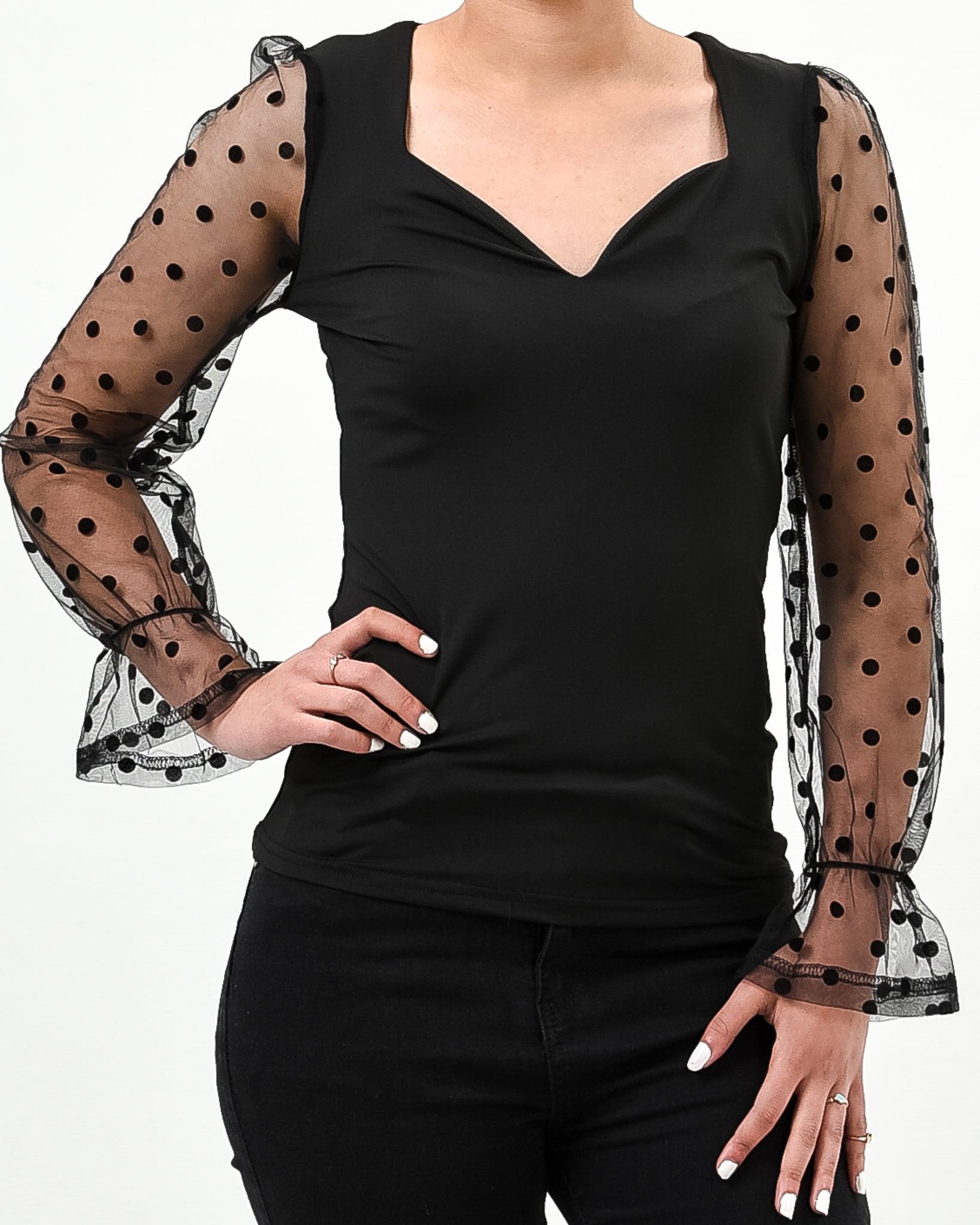 Polka dot mesh sleeve v cut top - XD21