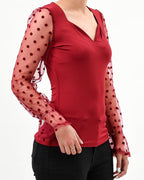Polka dot mesh sleeve v cut top - XD21