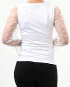 Polka dot mesh sleeve v cut top - XD21