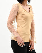 Polka dot mesh sleeve v cut top - XD21