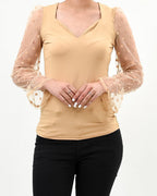 Polka dot mesh sleeve v cut top - XD21