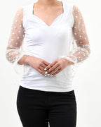 Polka dot mesh sleeve v cut top - XD21