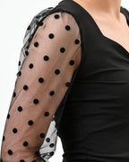 Polka dot mesh sleeve v cut top - XD21