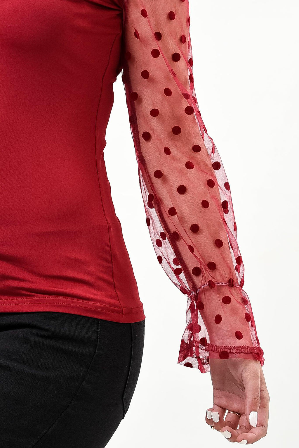 Polka dot mesh sleeve v cut top - XD21