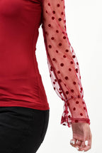 Polka dot mesh sleeve v cut top - XD21