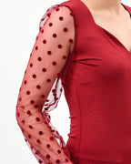 Polka dot mesh sleeve v cut top - XD21