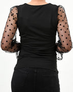 Polka dot mesh sleeve v cut top - XD21
