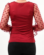 Polka dot mesh sleeve v cut top - XD21