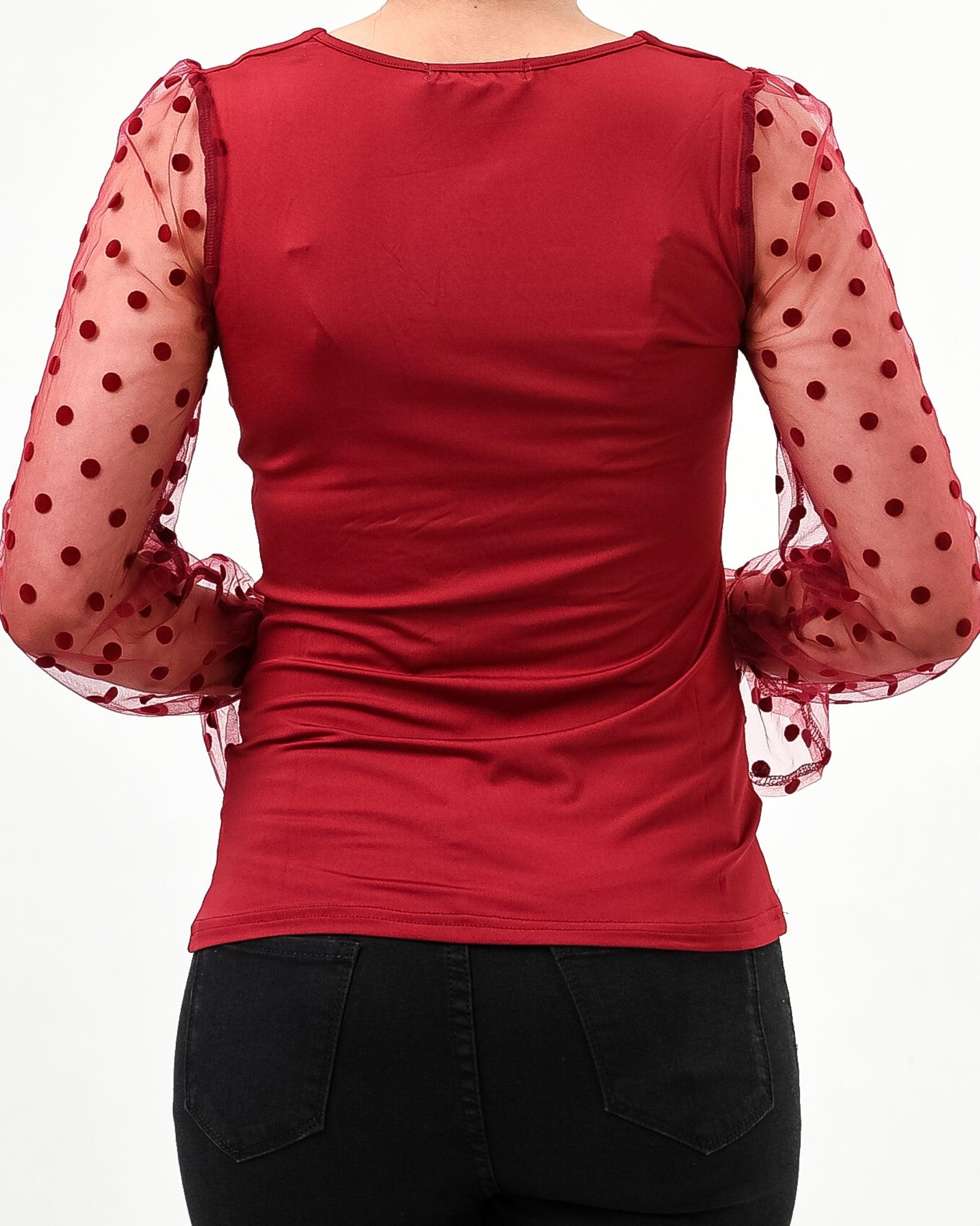 Polka dot mesh sleeve v cut top - XD21