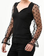 Polka dot mesh sleeve v cut top - XD21