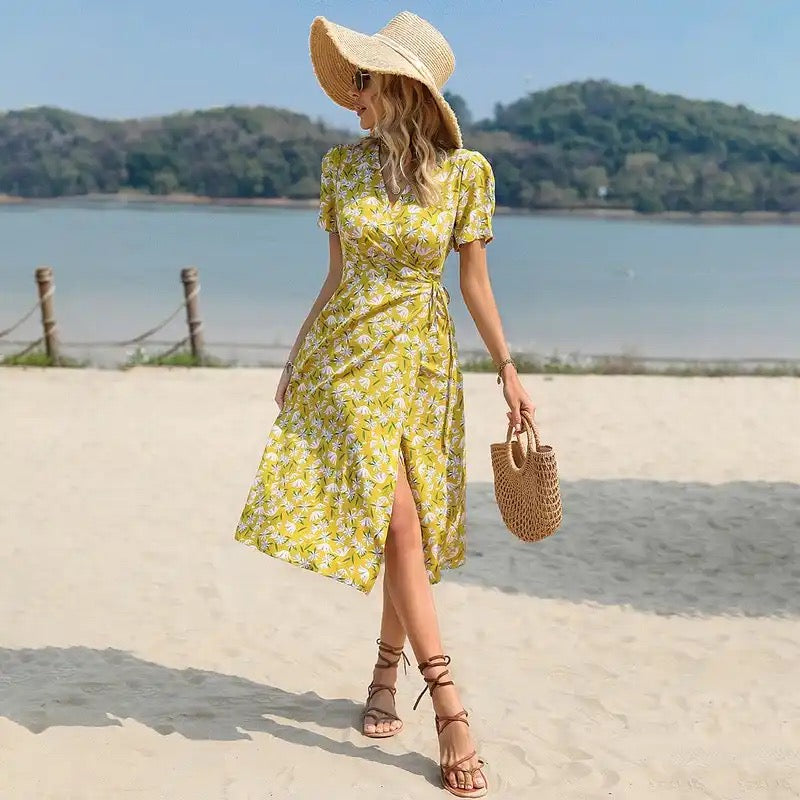 Print Ruffle Tie Side Wrap Printed Dress XD21