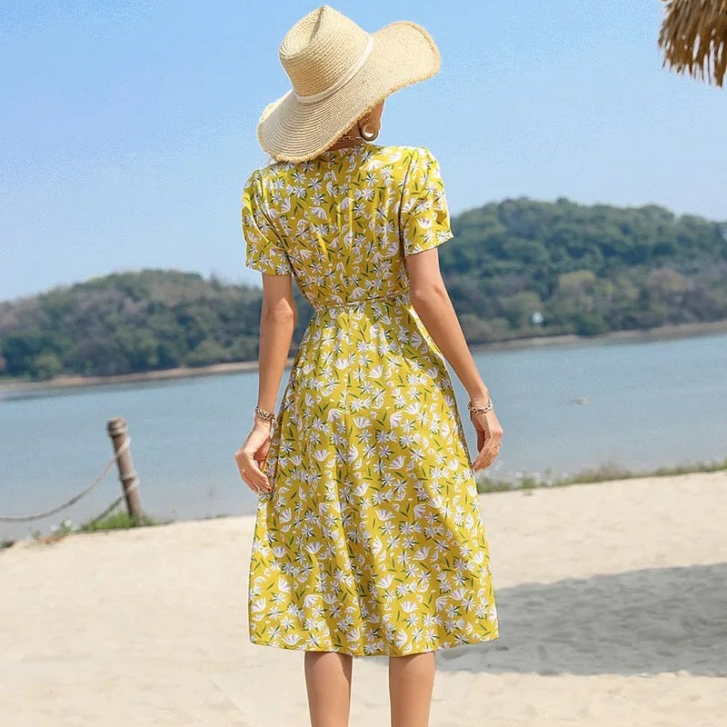 Print Ruffle Tie Side Wrap Printed Dress XD21