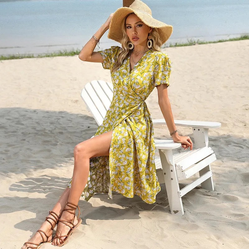 Print Ruffle Tie Side Wrap Printed Dress XD21