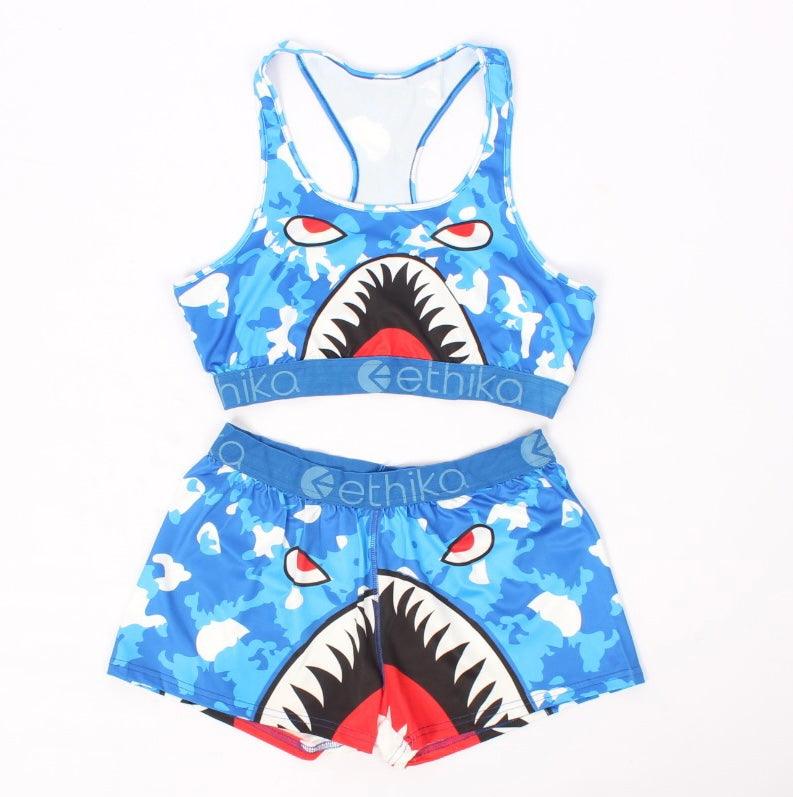 Printed Elastic Spandex Sleeveless Vest Shorts Sports Two Piece Set - XD21