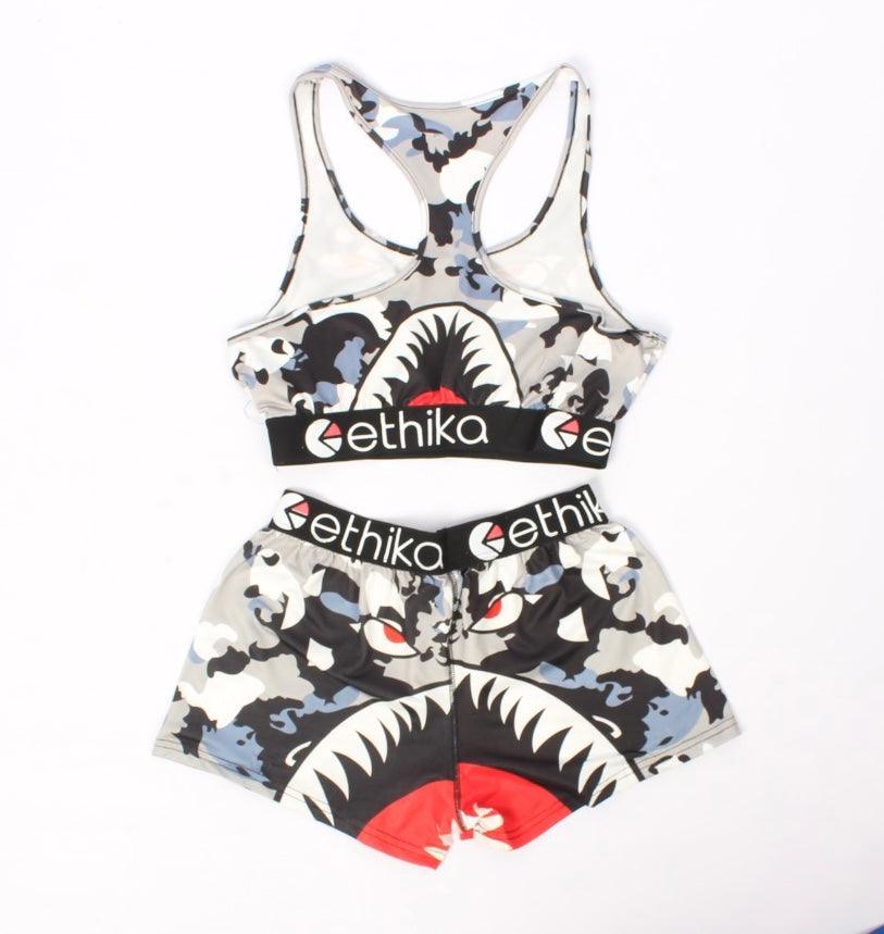 Printed Elastic Spandex Sleeveless Vest Shorts Sports Two Piece Set - XD21