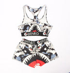Printed Elastic Spandex Sleeveless Vest Shorts Sports Two Piece Set - XD21