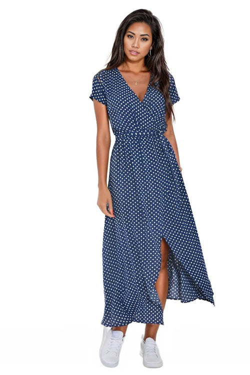 Printed Maxi Dress V Neck No Belt Slit Dress XD21