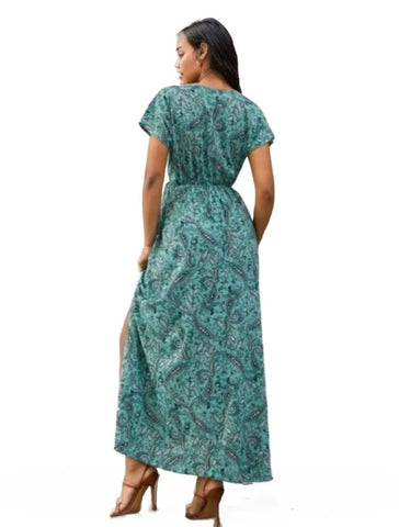 Printed Maxi Dress V Neck No Belt Slit Dress XD21