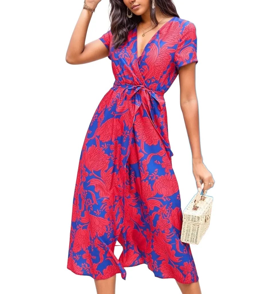 Printed Maxi Dress V Neck No Belt Slit Dress XD21