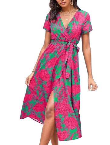 Printed Maxi Dress V Neck No Belt Slit Dress XD21