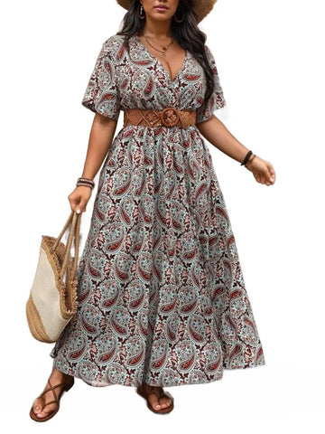 Printed Maxi Dress V Neck No Belt Slit Dress XD21
