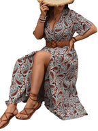 Printed Maxi Dress V Neck No Belt Slit Dress XD21