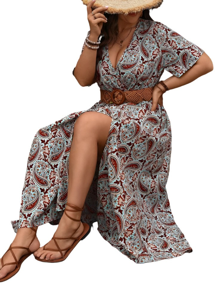 Printed Maxi Dress V Neck No Belt Slit Dress XD21