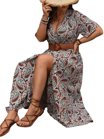 Printed Maxi Dress V Neck No Belt Slit Dress XD21