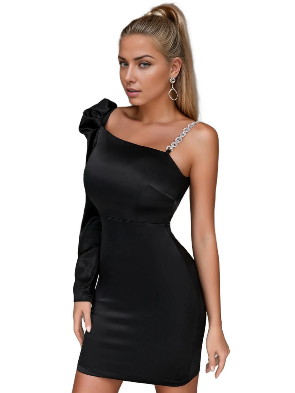 Puff Shoulder Long-Sleeved One-Shoulder Mini Dress XD21