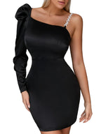 Puff Shoulder Long-Sleeved One-Shoulder Mini Dress XD21