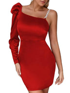 Puff Shoulder Long-Sleeved One-Shoulder Mini Dress XD21