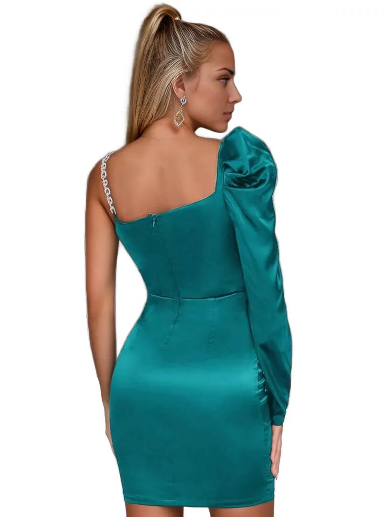 Puff Shoulder Long-Sleeved One-Shoulder Mini Dress XD21