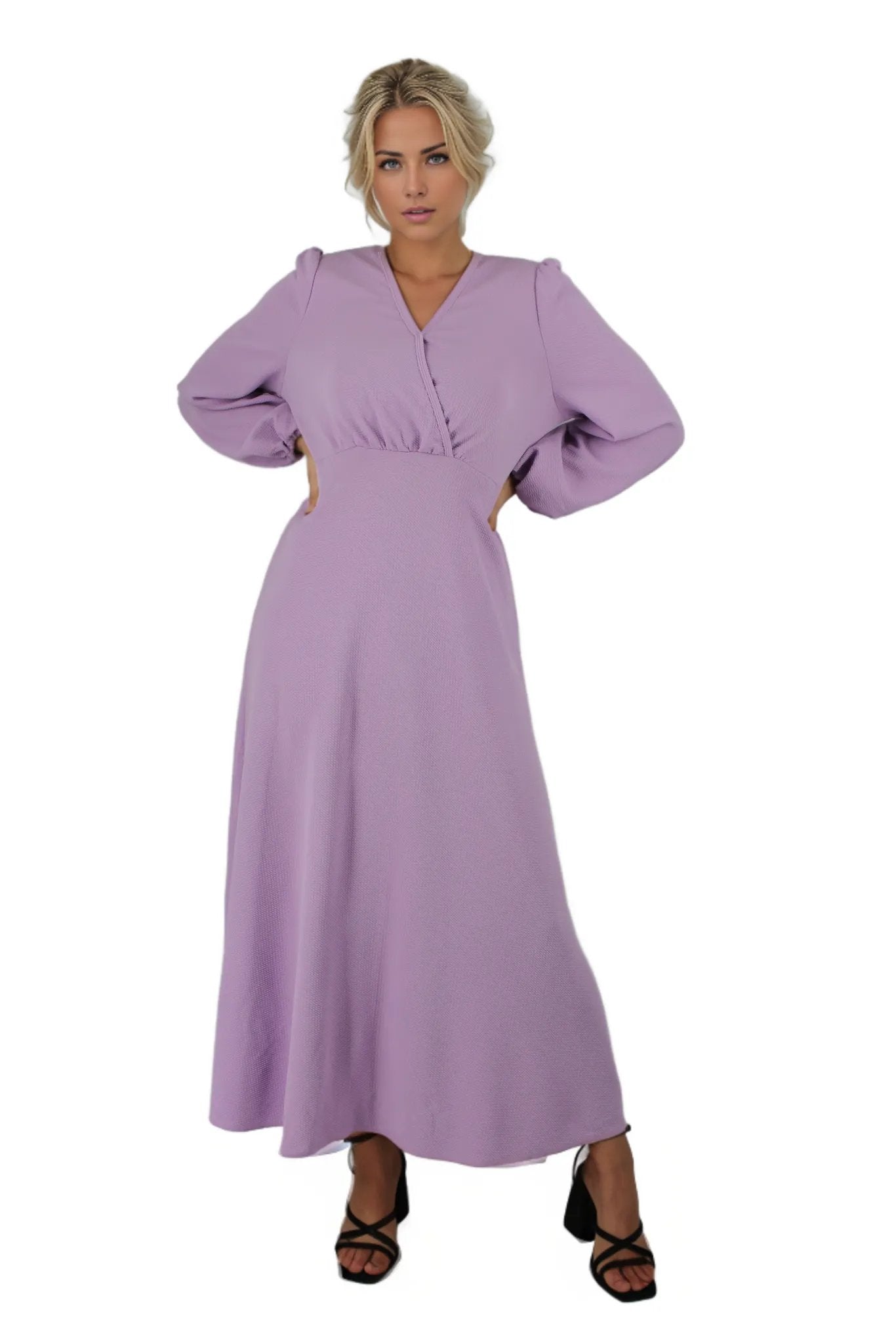 Puff Sleeve V Neck Maxi Dress Without Belt XD21