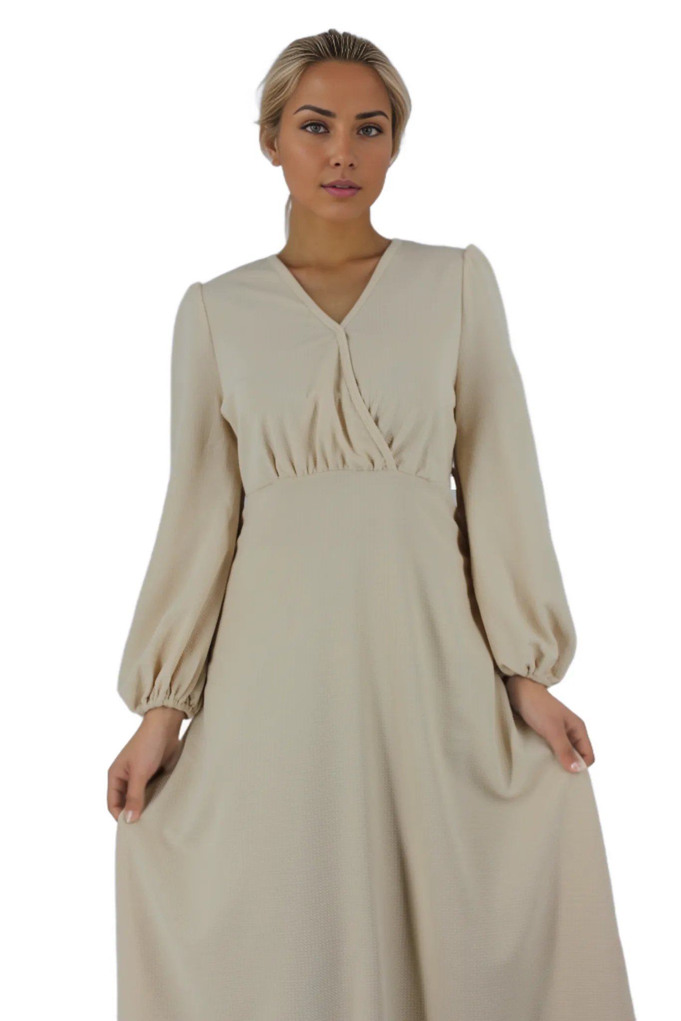 Puff Sleeve V Neck Maxi Dress Without Belt XD21